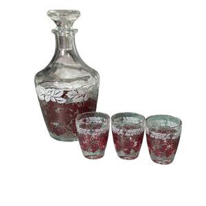 Vintage Hand Painted Decanter with 3 Matching Shot Glasses Made in France 7”